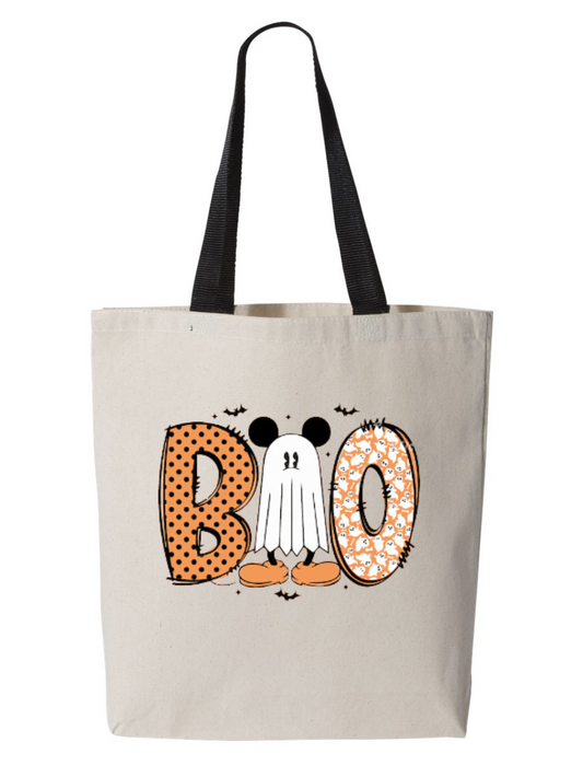 Boo Mickey Ghost Black Handle Kids Halloween Trick or Treat Custom Canvas Tote Bag