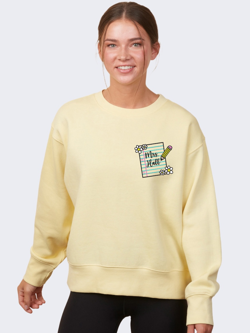 Custom Teacher Name Floral Notebook Embroidered Enza Crewneck