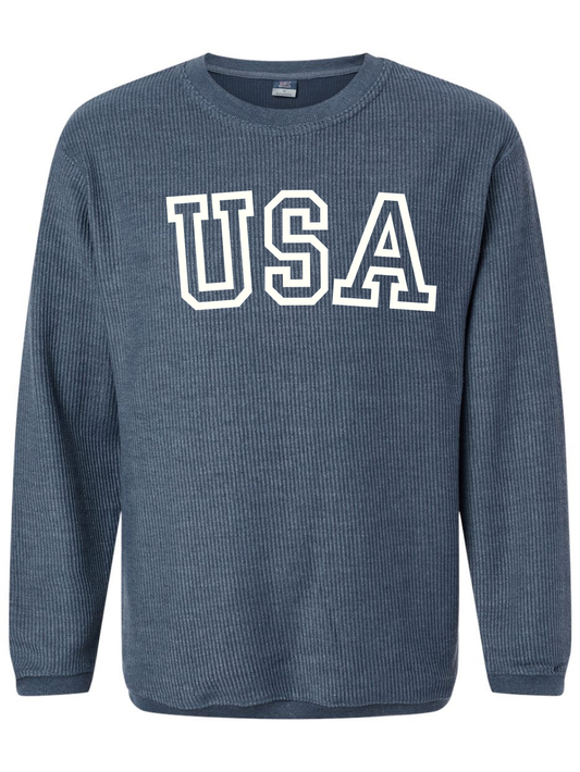 USA Outline Embroidered Corded Crewneck Sweatshirt