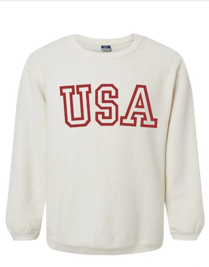 USA Outline Embroidered Corded Crewneck Sweatshirt