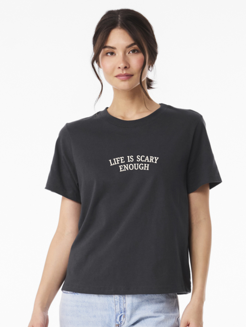 Life Is Scary Enough Embroidered Women's Heavyweight Boxy Tee