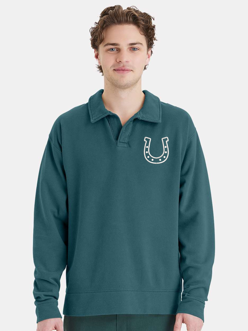 Horseshoe Embroidered Unisex Garment-Dyed Polo Collar Sweatshirt