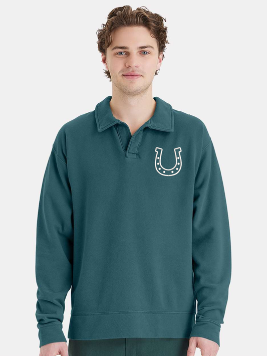 Horseshoe Embroidered Unisex Garment-Dyed Polo Collar Sweatshirt