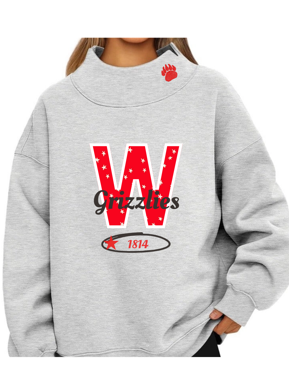 Wadsworth Grizzlies Applique Embroidered Mockneck Crewneck