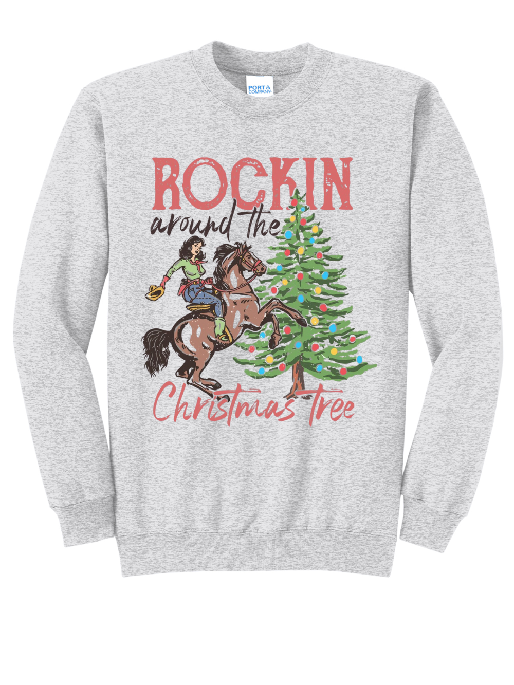 Rockin' Around The Christmas Tree Cowgirl Graphic Crewneck Sweatshirt