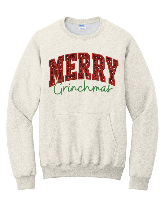 Glitter Applique Merry Grinchmas Pocket Crewneck Sweatshirt