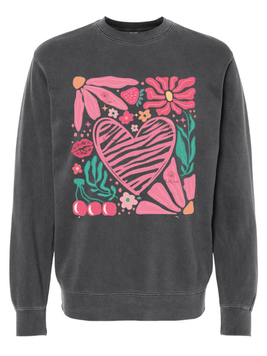 Cute Floral Valentine's Day Graphic Pigment-Dyed Crewneck Sweatshirt