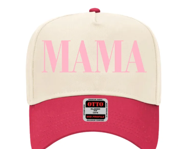 MAMA or Custom Word Pink & Red Embroidered OTTO 5 Panel Mid Profile Baseball Cap