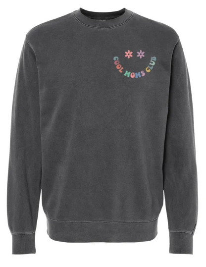 Cool Moms Club Floral Smiley Face Embroidered Washed Crewneck Sweatshirt