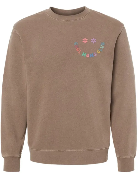 Cool Moms Club Floral Smiley Face Embroidered Washed Crewneck Sweatshirt