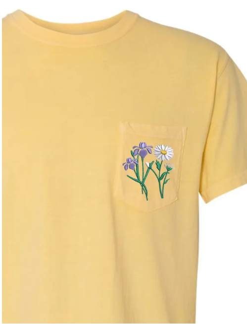 Custom Birth Flower Embroidered Comfort Colors Pocket Tee