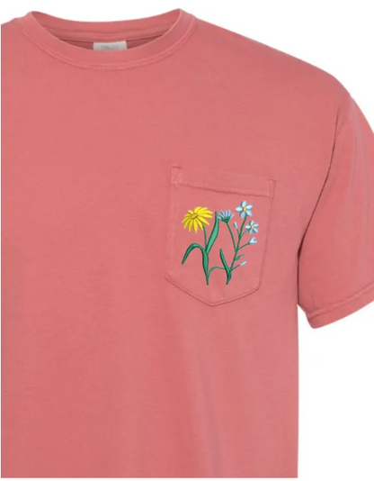 Custom Birth Flower Embroidered Comfort Colors Pocket Tee