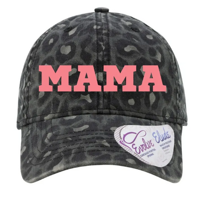 Mama Pink Embroidered Black Cheetah Ponytail Washed Print Hat