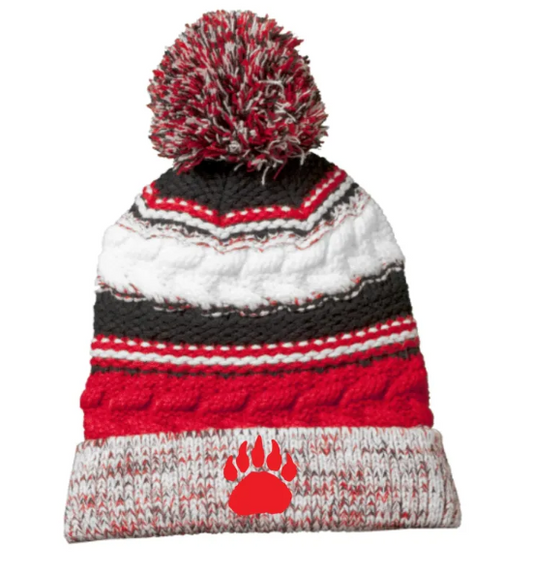 Red Black & White Embroidered Paw Print Pom Pom Beanie Hat