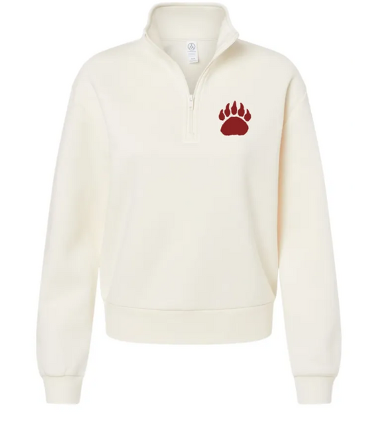 Grizzly Paw Print Embroidered Women's Eco-Cozy Fleece Mock Neck Quarter-Zip Sweatshirt