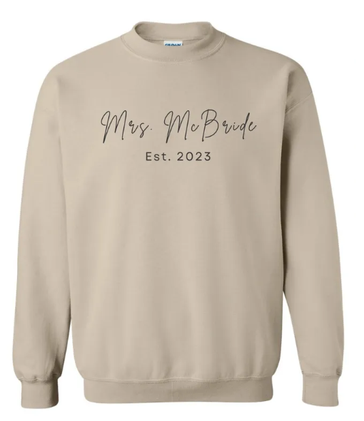 Personalized Mrs. "Bride" and Date Black Embroidered Crew Neck Sweatshirt