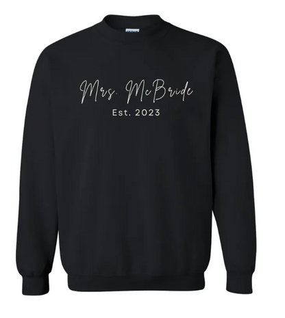 Personalized Mrs. "Bride" and Date White Embroidered Crew Neck Sweatshirt