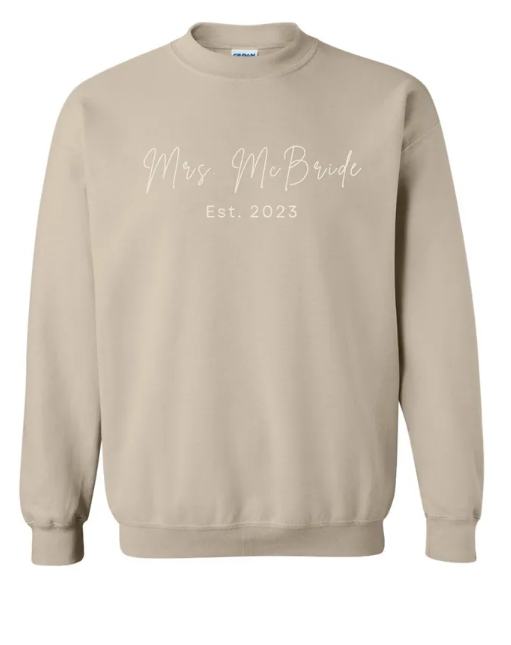 Personalized Mrs. "Bride" and Date White Embroidered Crew Neck Sweatshirt