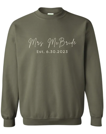 Personalized Mrs. "Bride" and Date White Embroidered Crew Neck Sweatshirt