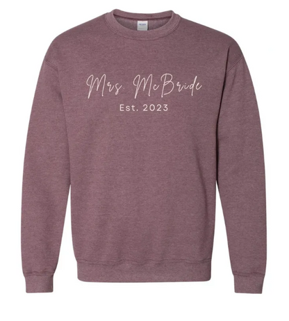 Personalized Mrs. "Bride" and Date White Embroidered Crew Neck Sweatshirt