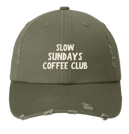 Slow Sundays Coffee Club Embroidered Distressed Hat