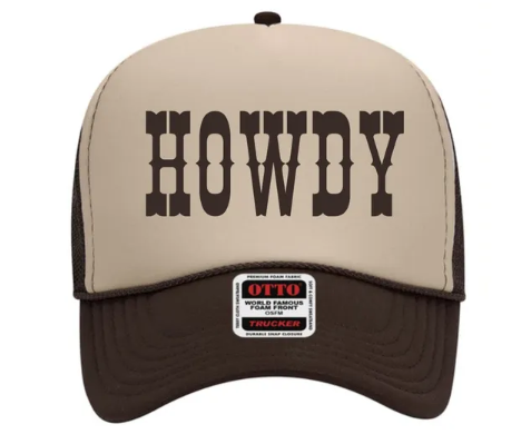 Howdy Brown Embroidered Otto Cap 5 Panel High Crown Mesh Back Foam Trucker Hat