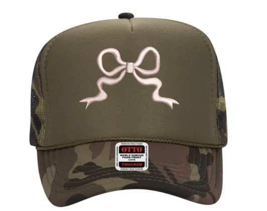 Pink Bow Camo Embroidered Otto Cap 5 Panel High Crown Mesh Back Foam Trucker Hat