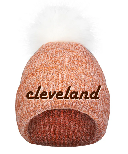 Cleveland Retro Font Embroidered Faux Fur Pom Beanie