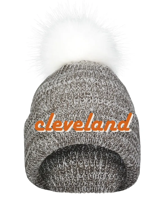 Cleveland Retro Font Embroidered Faux Fur Pom Beanie