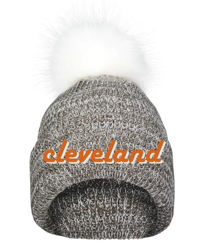 Cleveland Retro Font Embroidered Faux Fur Pom Beanie