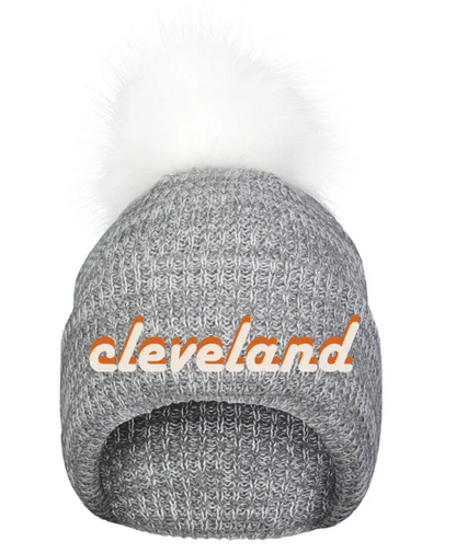 Cleveland Retro Font Embroidered Faux Fur Pom Beanie