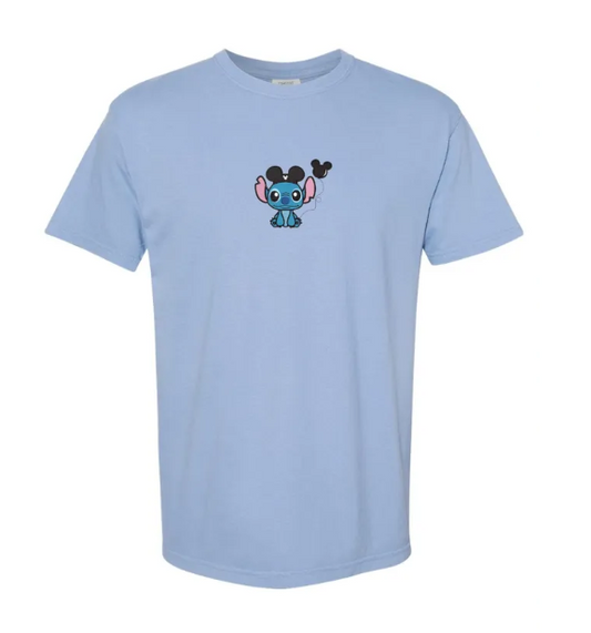 Stitch Balloon Embroidered Washed Denim Comfort Colors Youth & Adult T-Shirt