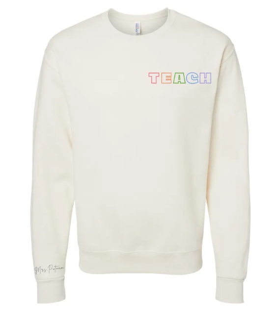 Rainbow Teach "Mrs. Custom" Embroidered Right Sleeve Cream Crewneck Sweatshirt