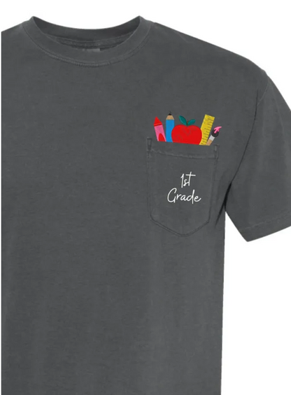 Back To School Supplies Mrs. Name, Grade, or Customized Comfort Colors Pocket T-Shirt