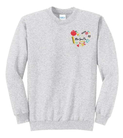 Mrs. Custom Teacher Name School Supplies Heart Embroidered Crewneck Sweatshirt