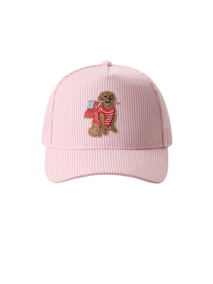 Dog USA Flag Embroidered Patch Seersucker Trucker Hat