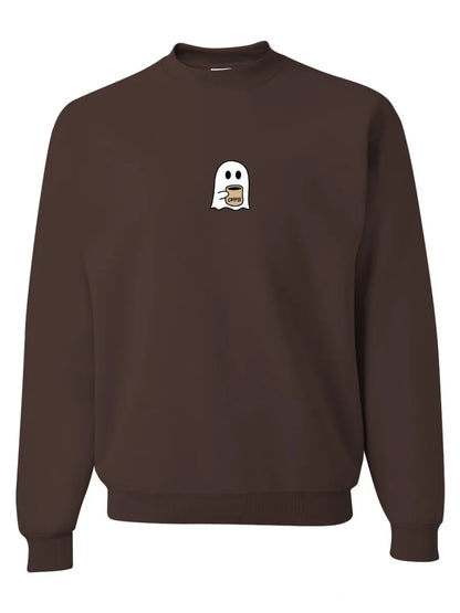 Ghost Drinking Coffee Embroidered Crewneck Unisex Fall Halloween Basic Sweatshirt