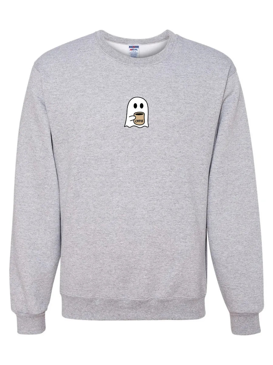 Ghost Drinking Coffee Embroidered Crewneck Unisex Fall Halloween Basic Sweatshirt