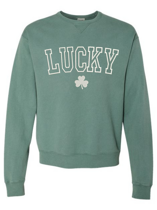 Lucky Outline Shamrock Embroidered Garment-Dyed Crewneck Sweatshirt