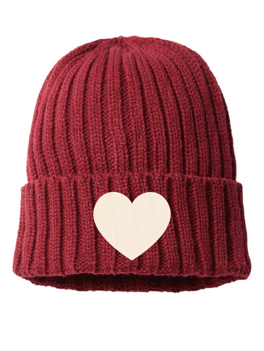 Heart Embroidered Sustainable Cable Knit Cuffed Beanie