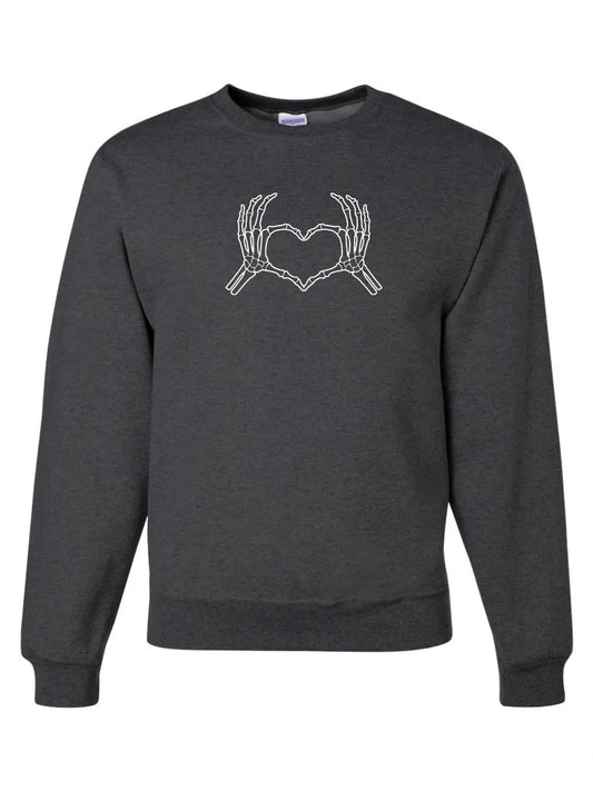 Skeleton Hand Heart Embroidered Fall Crewneck Sweatshirt