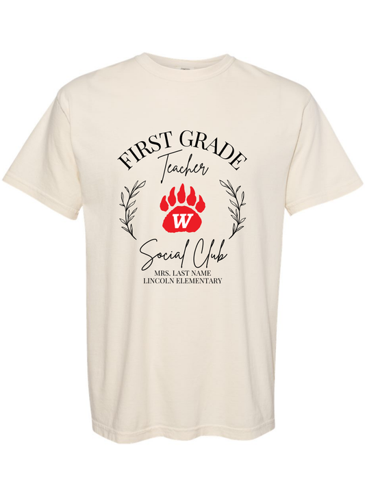 Grizzlies Teacher Social Club Custom Grade, Name, & School Comfort Colors Graphic T-Shirt