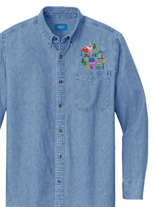 Christmas Town Embroidered Denim Button Up Shirt