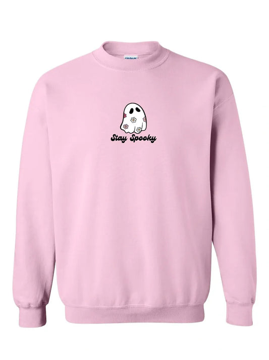 Stay Spooky Flower Ghost Pink Embroidered Fall Crewneck Sweatshirt